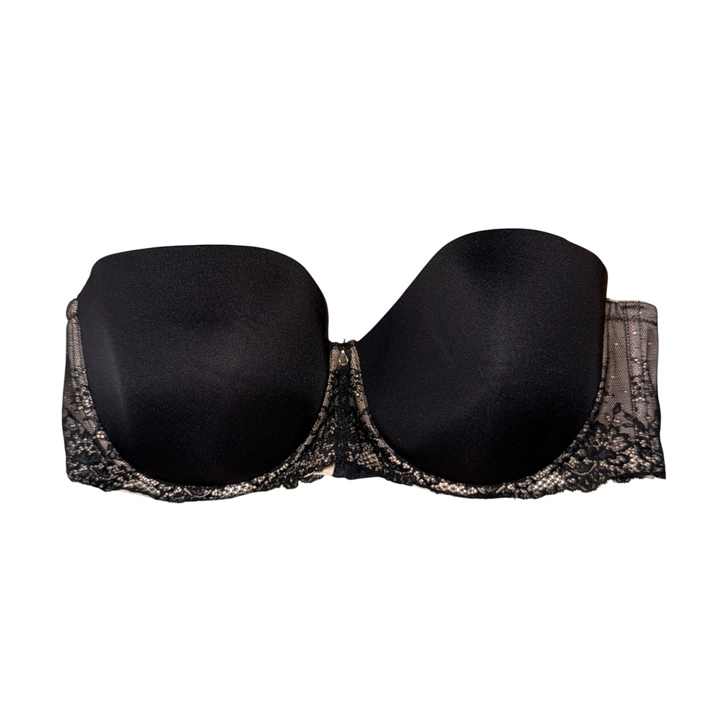 Torrid Strapless Bra 42DD Black Floral Lace Trim Underwire Molded Cup Microfiber